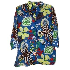 Chicos Button Down Shirt 3/4‎ Sleeves Sz L Blue